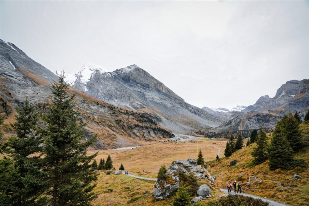 Sweeping panoramic view of the Swiss Alps with expansive valleys and rocky peaks