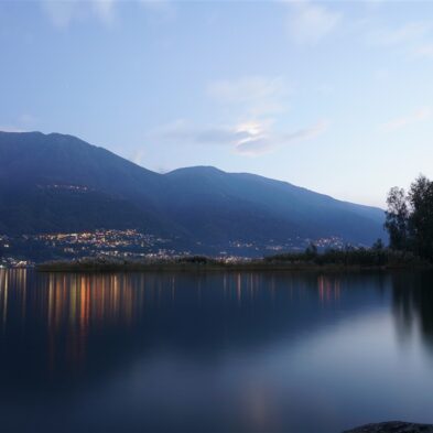 Aerial view of Lugano with its sparkling lake and the surrounding lush mountains