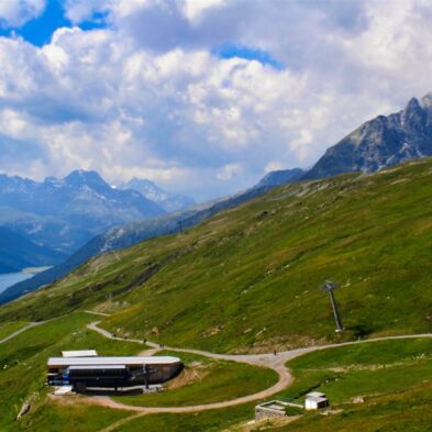 Rhône Glacier with its distinct blue ice, flowing down into the valley at Furka Pass
